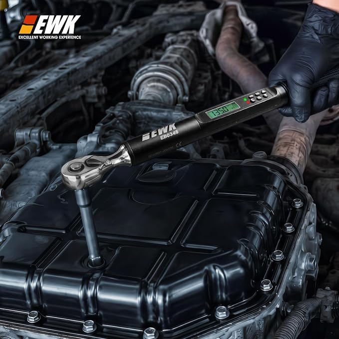 EWK 3/8 Inch Drive Digital Torque Wrench 5-100 ft-lbs (6.8-135 Nm) | IS0 6789, ±1.5% clockwise / ±2.5% counterclockwise, LCD Display, LED Buzzer Vibration Alert, 30 Memory Values