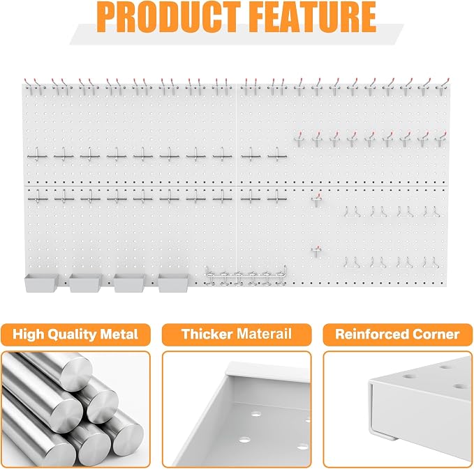 TORACK Garage Tools Organizer Boards Kit with Hooks, Modular Wall-Mounted Tool Storage Pegboard for Workbench(Gray, 4 Panels with Hooks)