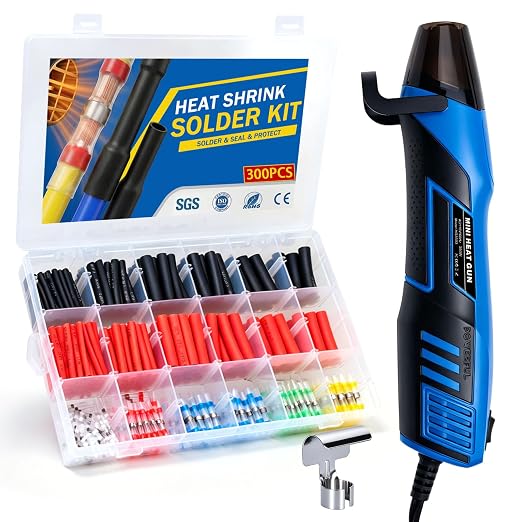 350W Mini Heat Gun Kit with 300pcs Waterproof Solder Seal Wire Connectors & 3:1 Heat Shrink Tubing, Dual-Temp 482°F/752°F (250°C & 400°C) Fast Heating for Automotive, Marine, Wiring Repair 10-26 AWG