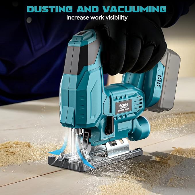 Ecarke Cordless Jig Saw Compatible With Makita 18V Battery, 4 Orbital Sets, 6 Variable Speeds Control, Dust-Blowing, ±45° Bevel Cuts, LED Light and 6PCS Blades For Straight Curve Cutting, Tool Only