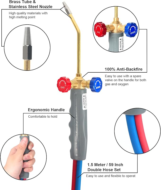 Brazing Torch Kit for MAPP Gas & Propane, Brass & Stainless Steel Cutting Torch Kit with Dual Pressure Meters & Metal Case, Welding Torch Set for Soldering, Jewelry, HVAC, Glass Blowing