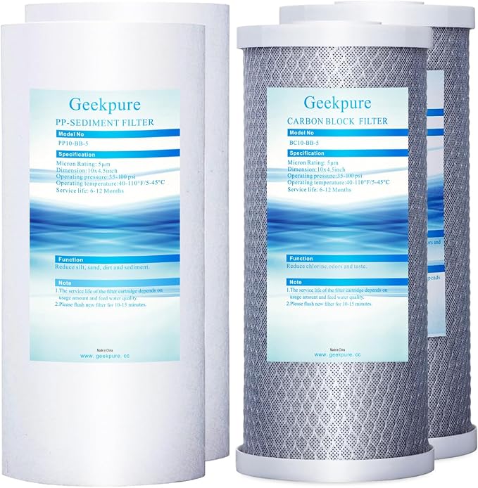 Geekpure 10 Inch Whole House Replacement Water Filters Set w/PP and Carbon Block -4.5"x 10"-5 Micron-Pack of 4