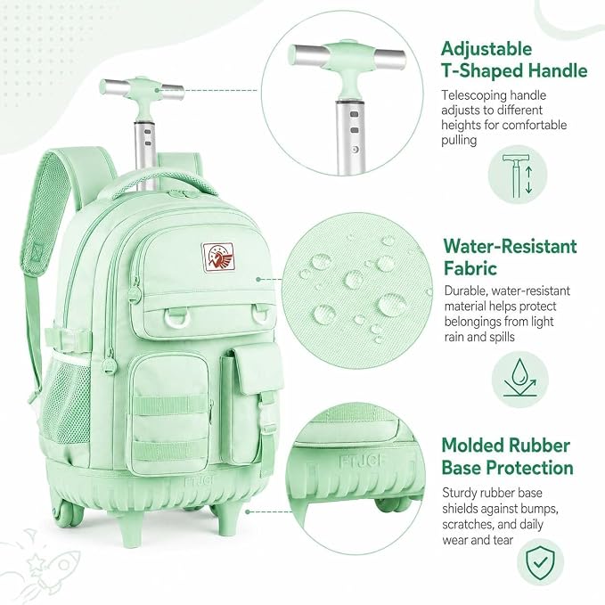 CCJPX Rolling Backpack for Girls Women, 21 inch Roller Wheels School Bookbag, Wheeled Suitcase Backpacks with Lunch Bag for Teen - Green