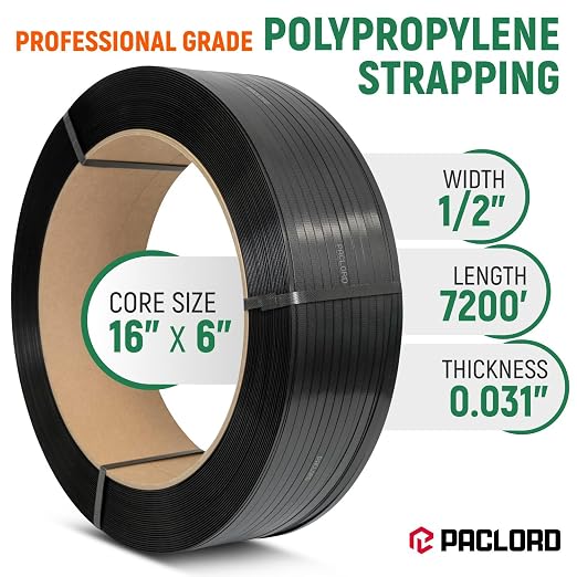 1/2" x 7200' Heavy-Duty Polypropylene (PP) Strapping Coil 0.031" Thick | Banding Strap, 16" x 6" Core, 600 lbs Break Strength, Black - For Bundling and Packaging - Flexible, Weather Resistant