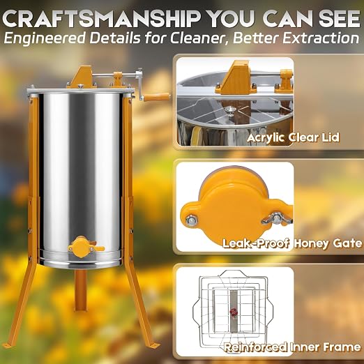6 Frames Manual Honey Extractor, Basic Stainless Steel Drum Spinner with Clear Lid, Fits 2 Deep and 4 Medium Frames for Beginner Beekeeping Honey Harvest