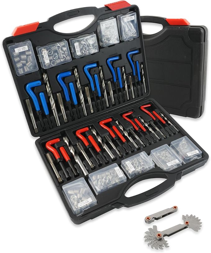 263PCS Helicoil Thread Repair Kit, Metric&SAE Thread Restorer Kit | HSS Helicoil Drill Rethreading Tools in 1/4" 5/16" 3/8" 7/16" 1/2" & M5 M6 M8 M10 M12 Sizes and Thread Gauge