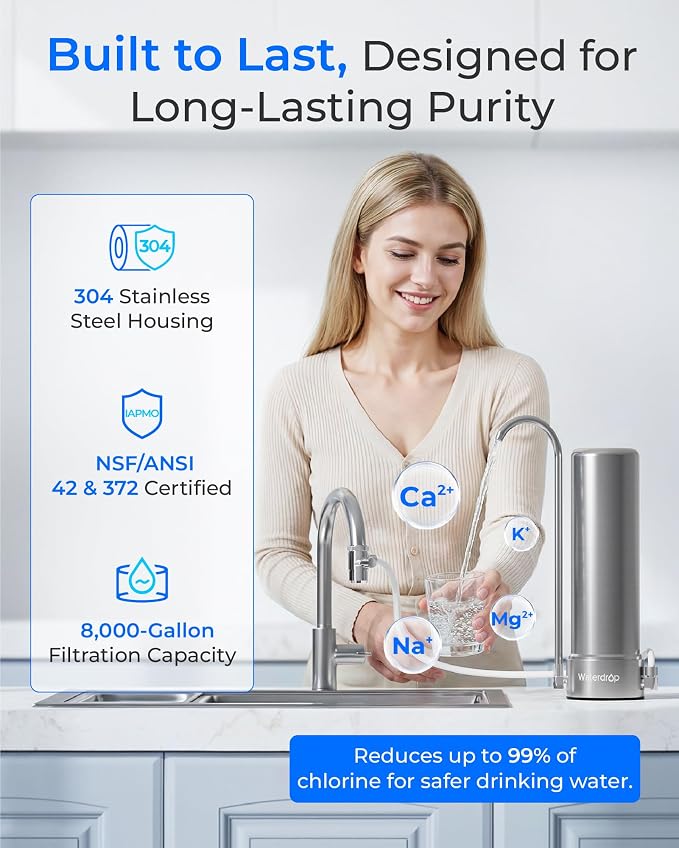 Waterdrop CTF-01 Water Filter for Sink Faucet, NSF/ANSI 42 Certified Countertop Water Filter System, 5-Stage Stainless Steel Sink Filter, Reduces Heavy Metals and 99% Chlorine, 8000 Gallons, 1 Filter