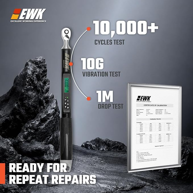 EWK 1/4" Drive Digital Angle Torque Wrench 1.1-22.1 ft-lbs (1.5-30 Nm) | ±1.5% clockwise / ±2.5% counterclockwise and angle accuracy of ±2%, LCD Display, LED Buzzer Vibration Alert, 30 Memory Values