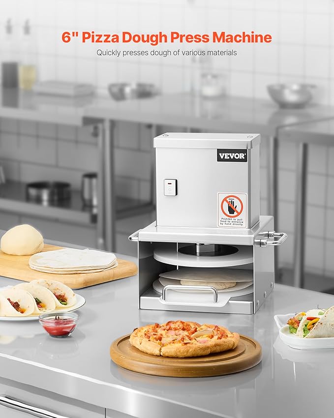VEVOR Electric Pizza Dough Press Machine, 6 Inch Pizza Pastry Press Plate, Stainless Steel Bread Presser, Commercial Forming Machine with Adjustable Thickness and 100 Sheets of Parchment Paper
