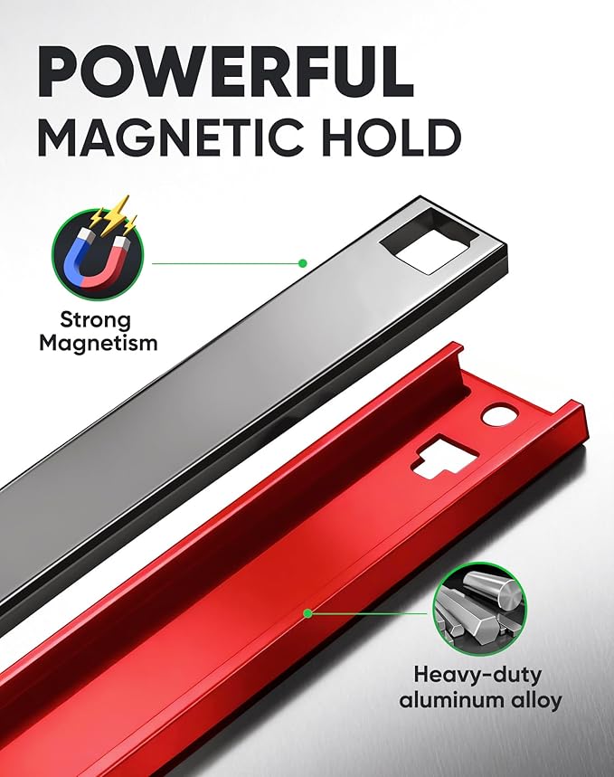 ALOANES Magnetic Socket Organizer Set, 3-Piece Heavy Duty Aluminum Socket Rails, 360° Swivel Clips Socket Rail Kit for Tool Tray Drawer Fit 1/2-Inch x 36 Clips (Red, 3PC)