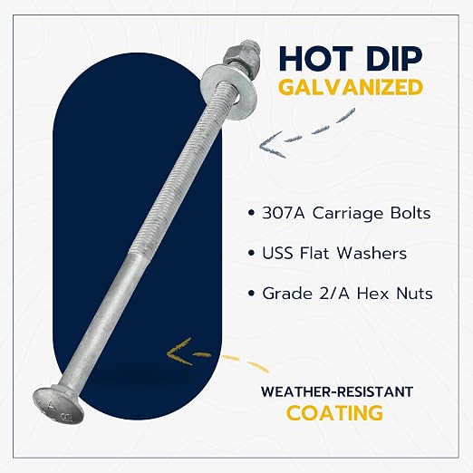 3/8" x 10" (50 Pack) Galvanized Carriage Bolt Kit, Grade 307A, Hot Dip Galvanized for Exterior Use by Makers Bolt