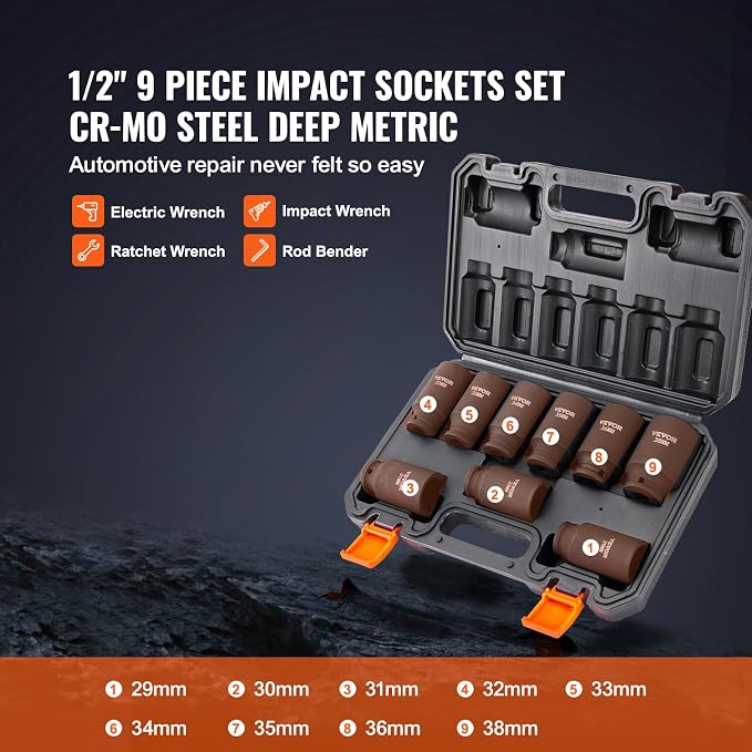 VEVOR 1/2" Drive Impact Socket Set, 9 Piece Deep Socket Set Metric 29-38mm, 6 Point Cr-Mo Spindle Axle Nut Impact Socket Set for Auto Repair,Easy-to- Read Size Markings, Includes Storage Case