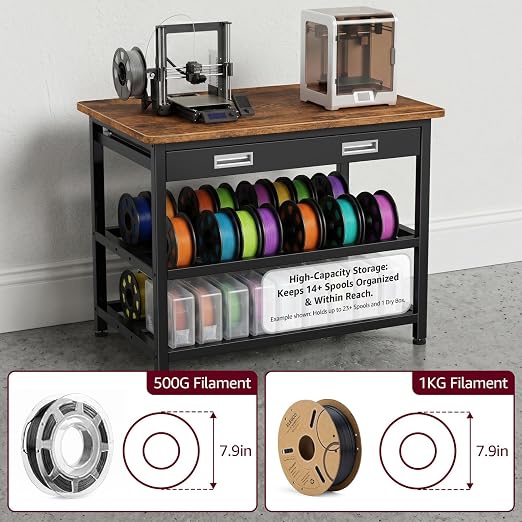 Heavy Duty 3D Printer Stand with Storage, 3D Printer Table with Metal Drawer,Sturdy 3-Tier Metal 3 D Printing Desk for 3 D Printers,Brown