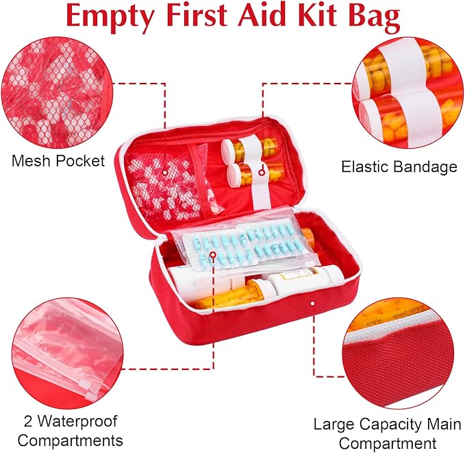 12 Pack Empty First Aid Bag, Emergency Bag Empty, First Aid Case, Portable Medical Storage Pouch for Camping Hiking Travel Home Office (Red)