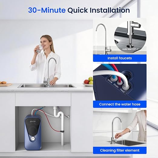 GLACIER FRESH GFU03 Reverse Osmosis System 800 GPD, No Electric/Noise, 3:1 Pure to Drain, 5-Stage Tankless Under-Sink Water Filter System, Filtration Accuracy 0.0001μm, for Any Under-Sink Setting