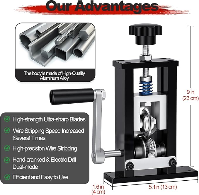 Trivd Frol Manual Wire Stripping Machine Gauge Wire 0.06"-1", Scrapping Copper Wire Peeler Machine, Drill Powered/Hand Crank Dual-drive Wire Stripper Tool for Scrap Copper Recycling & DIY etc.