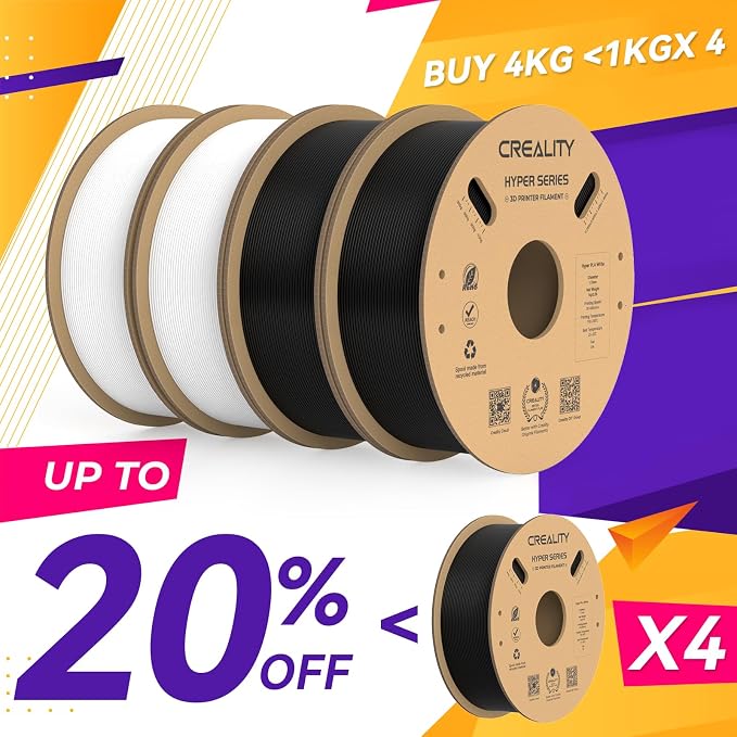 Creality Hyper PLA Filament 1.75mm, 30-600mm/s High Speed 3D Printer Filament, Dimensional Accuracy +/-0.02mm, Fit Most FDM 3D Printers, 4 Pack 1kg Spool(2.2lbs), Black & White