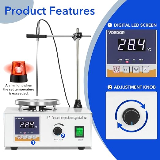 85-2 Digital Display Magnetic Stirrer with 4 Magnetic Stir Bars – Magnetic Stirrer Hot Plate, 0-2000 RPM Lab Stirring System with Temperature Probe, Stainless Steel Plate & Stand Support