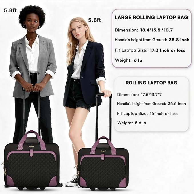 Arcoyard Rolling Laptop Bag, Large Rolling Briefcase for Women with Waterproof Pocket, 17.3 Inch Computer Bag Laptop Case with Wheels, Roller Work Bag for Office Travel Business Teacher, Black Purple