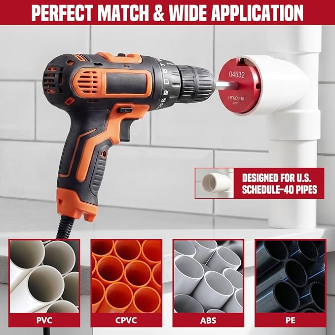 6Pcs PVC Pipe Reamer Kit, Durable Aluminum PVC Fitting Saver for Sch.40 CPVC, ABS, Lightweight Socket Hub Saver Includes 3/4", 1", 1-1/2", 2", 3", 4", Plumbing Tool Fits Standard 1/2" Drill