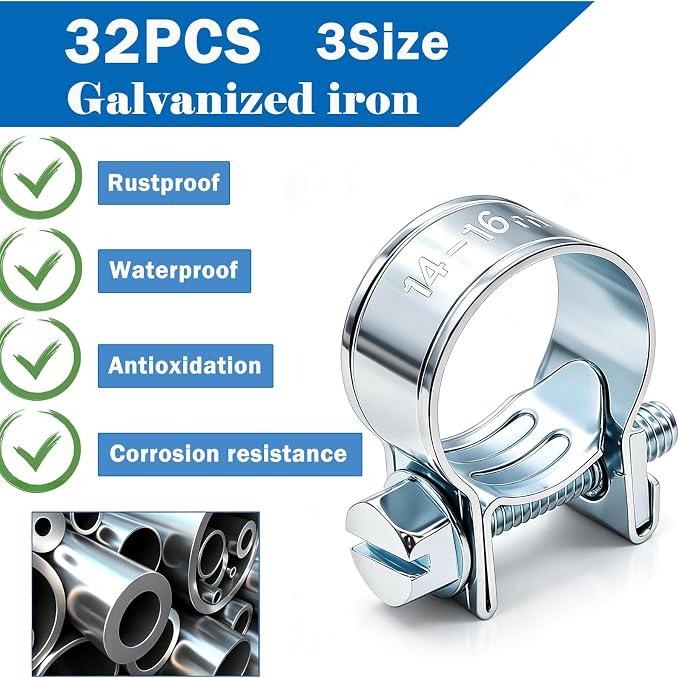 Tnisesm 32Pcs 1/4" 5/16" 3/8" Fuel Injection Gas Line Hose Clamps Clip Pipe Clamp Assortment Kit, Hoses Clamps Sleeving,for Automotive Diesel Petrol Pipe