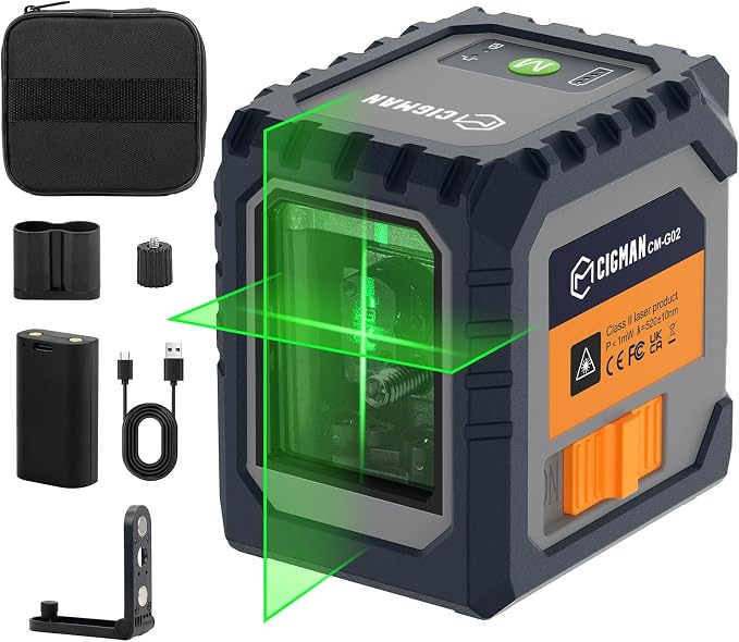 CIGMAN CM-G02 Cross Line Laser Level, Green Self-Leveling Line Laser with Rechargeable Battery, ±3mm Accuracy at 33ft, Magnetic Bracket, for Picture Hanging, Interior Decoration & DIY