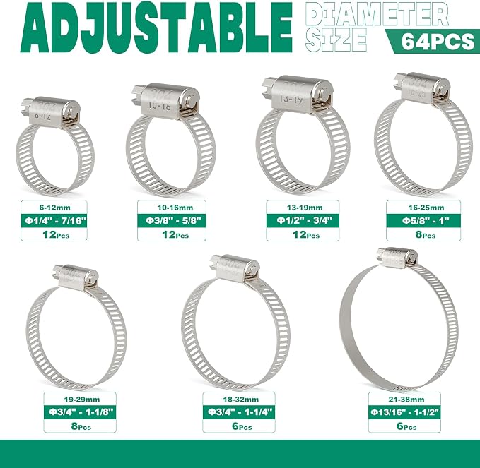 OURU 64PCS Hose Clamps Stainless Steel Assortment Adjustable 1/4"-1-1/2"(6-38mm) Worm Gear Hose Clamp, Heavy Duty Metal Small Hose Clamps for Automotive, Pipe, Radiator Plumbing, Fuel Line