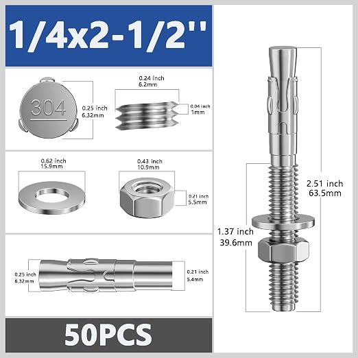 Wensilon 50Pcs 1/4x2-1/2 Inch Standard Fasteners for Heavy-Duty 304 Stainless Steel Wedge Anchors for Cement and Concrete