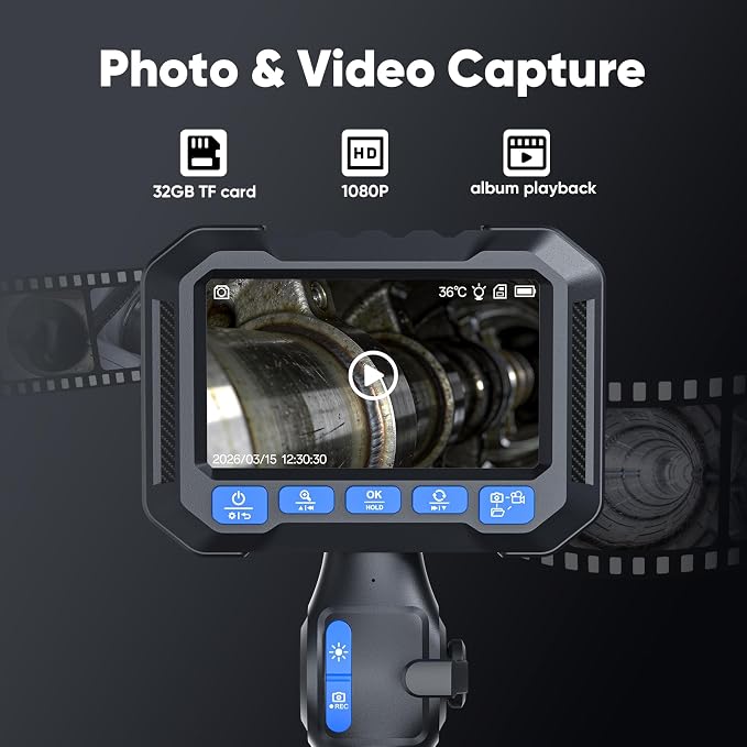 T Takmly Two-Way Articulating Borescope with Light, 210° Steerable 1080P Endoscope Camera, 0.23inch Semi-Rigid Snake Scope, 4.3" IPS Screen, 32GB, 5.5FT for Automotive Engine HVAC Wall Mechanics