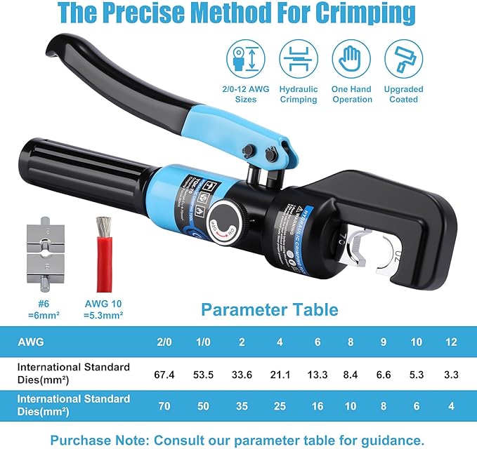 10-Tons Hydraulic Crimping Tool with 9 Dies, 12 to 2/0 AWG Battery Cable Lug Terminal & Wire Rope Crimper, 1/16" 1/8" 3/16" Stainless Steel Cable Railing Tool
