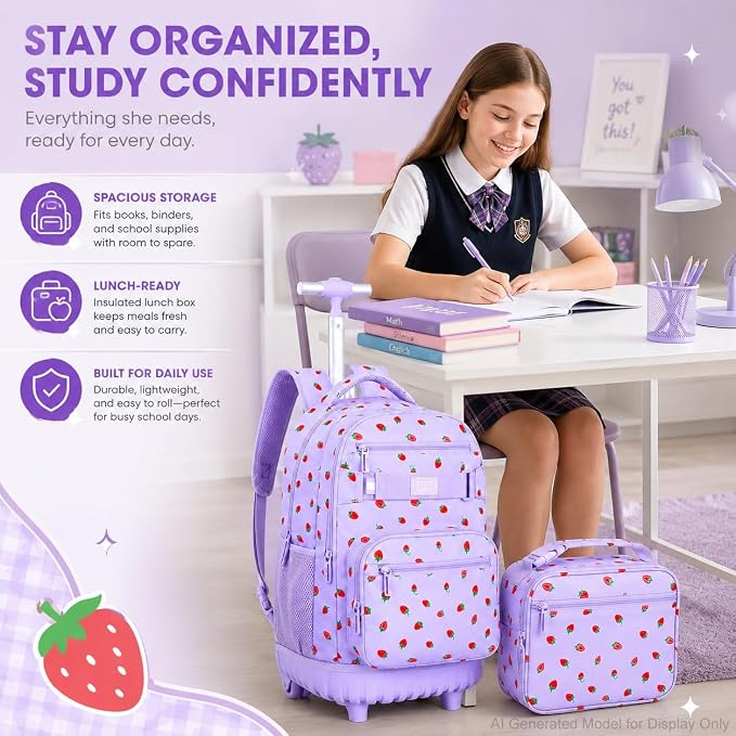 3Pcs Rolling Backpack for Girls Women, Travel Roller Backpacks with Wheels for Adults, Teens College Strawberry Wheeled Bookbag with Lunch Box (Purple)