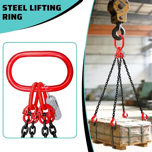 3 Ton Chain Sling 1/4 Inch x 5 Ft Lifting Chains 4 Legs Industrial Grab Hooks 6600LBS Capacity Lifting Slings G80 Alloy Steel Engine Chain Hoist Lifts for Cargo Security Towing and Handling