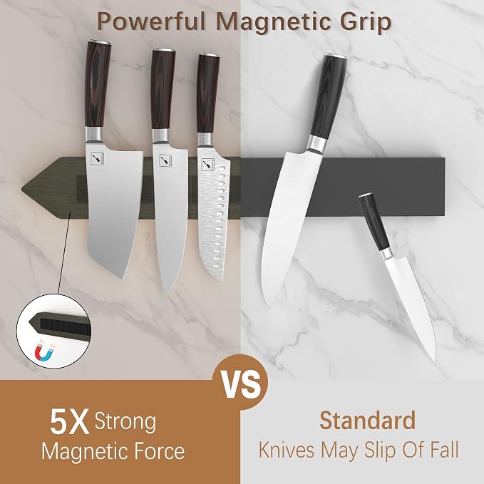 imarku 16" Magnetic Knife Strip, Heavy Duty Wall Mounted Knife Holder, Secure Magnetic Grip for Easy Organization, Kitchen Utensil Rack with 4 Hooks, dark