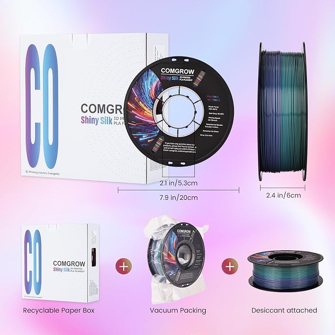 Comgrow Rainbow Colors Silk PLA 3D Printer Filament, PLA Filament 1.75mm, Dimensional Accuracy +/- 0.02 mm, 1KG Spool, Coextrusion 3D Filament with Shiny Silk Rainbow Red