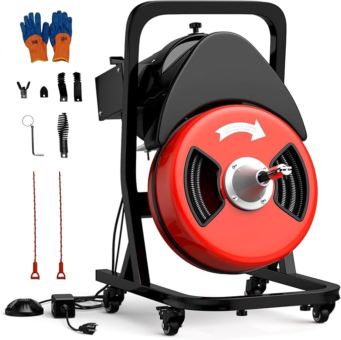 50FT 1/2 Inch Drain Cleaning Machine, Portable Electric Drain Auger with 6 Cutter & Air-Activated Foot Switch, Sewer Snake Drain Cleaner for 1" to 4" Pipes, Red
