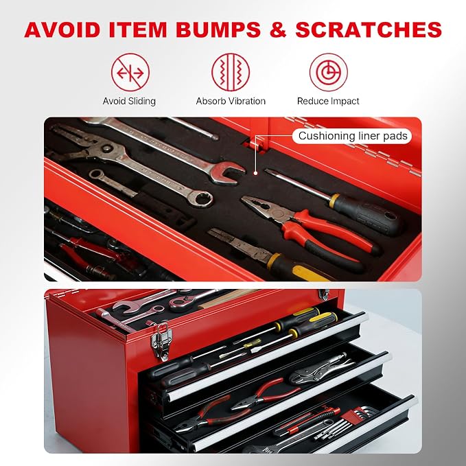 BIG RED Metal Tool Box, 20.5-inch, Portable Metal Tool Box with 4 Drawers, Small Tool Chest with EVA Liners, Ball Bearing Slide Drawers Locking & Powder Coated Finish, Multi-Function Tool Organizer