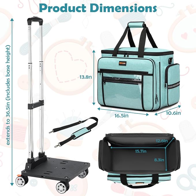 Sewing Machine Case with Wheels - Detachable Rolling Sewing Machine Case Fits Most Standard Sewing Machines And Storage Sewing Accessories, For Singer, Brother, Janome, Teal