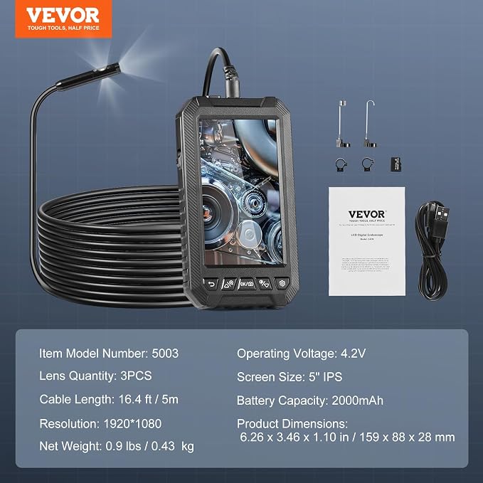 VEVOR Endoscope Camera with Light, Triple Lens Industrial Borescope, 5" Screen 1080P Inspection Camera, 8 + 2 Lights, IP67 Waterproof Snake Cameras for Automotive, Plumbing (16.4FT Cable, 32GB Card)