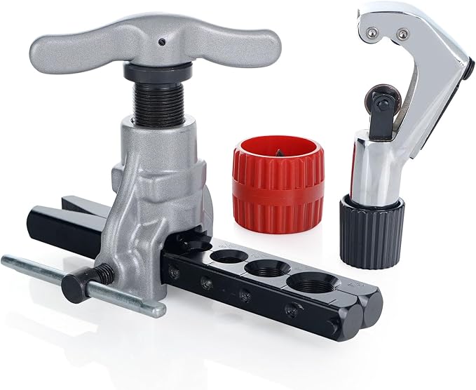 Thorstone 7 Dies Flaring Tool Set| HVAC Flaring Tool Kit | Sizes 3/16" -3/4" |45 Degree Heavy Duty Eccentric Cone Type Set | Extra Adapters a Cutter for 1/8" to 1-1/8" Pipe, a Round Reamer