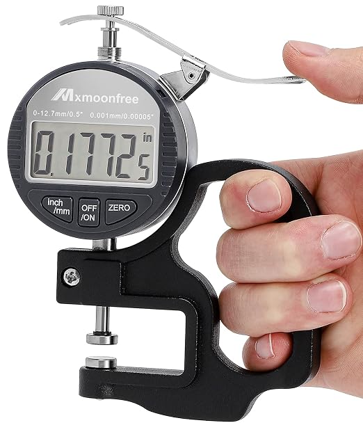 Digital Thickness Gauge 0-12.7mm/0.5inch 0.001mm High Resolution | Micrometer flat contact plates, 28mm throat depth, constant spring tension, unit conversion, storage case, battery included