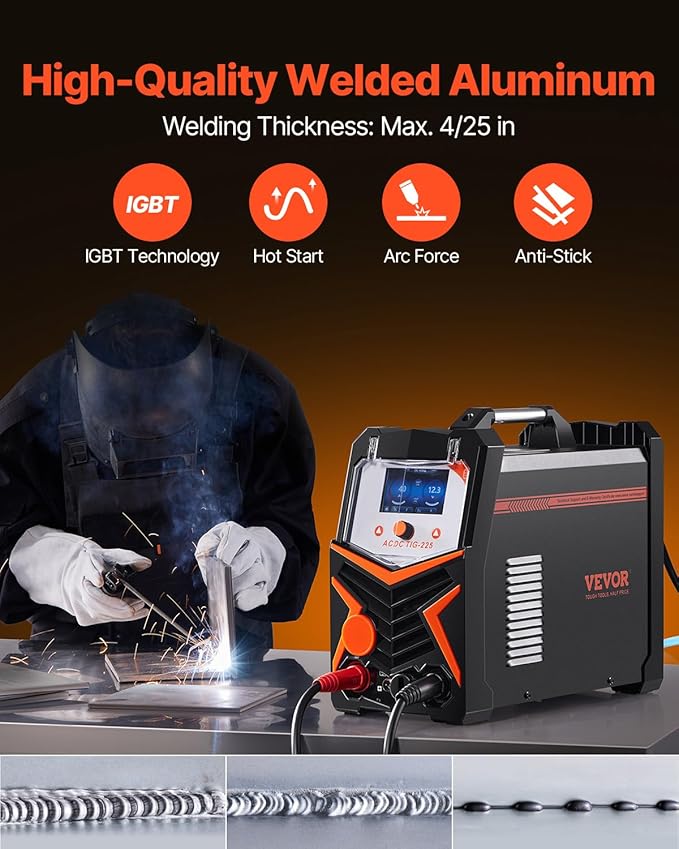 VEVOR TIG Welder, 225A 6-In-1 Aluminum Welding Machine (Large LED Display)- AC TIG/DC TIG/AC Pulse TIG/DC Pulse TIG/Spot TIG/MMA(Stick), 110&220V Dual Voltage Electric Welder with IGBT Inverter