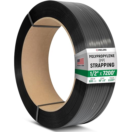 1/2" x 7200' Heavy-Duty Polypropylene (PP) Strapping Coil 0.031" Thick | Banding Strap, 16" x 6" Core, 600 lbs Break Strength, Black - For Bundling and Packaging - Flexible, Weather Resistant