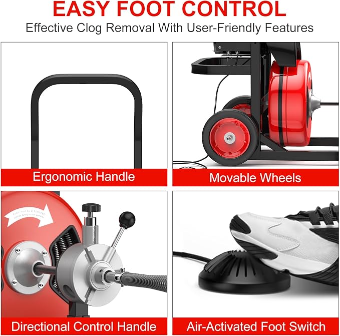 50FT 1/2 Inch Auto Feed Drain Cleaning Machine, Portable Electric Drain Auger with 6 Cutter & Air-Activated Foot Switch, Sewer Snake Drain Cleaner for 1" to 4" Pipes, Red