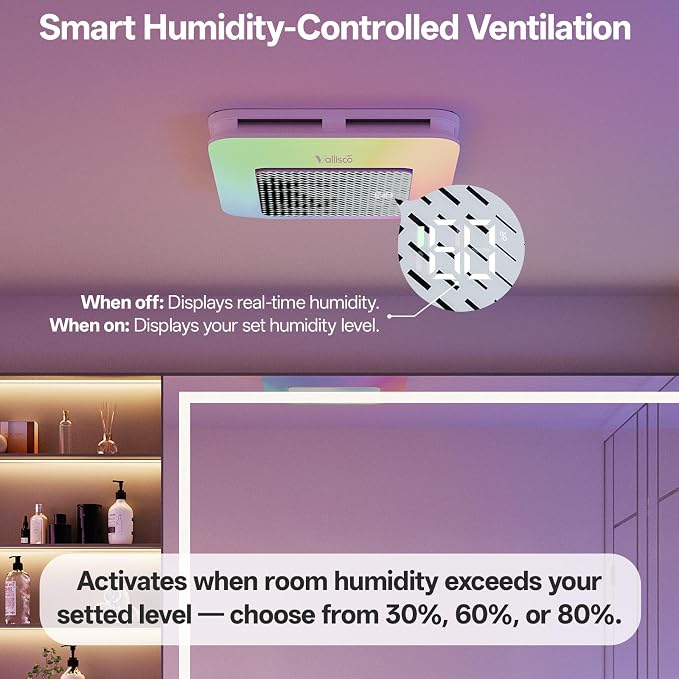 VallisCo Bathroom Exhaust Fan with Light, Odor & Humidity Sensors, 230 CFM Quiet Ceiling Fan with Remote, Timer, 3 Dynamic RGB Lights, 2700K–6500K Dimmable, Wall/Ceiling Mount (Black-to-White)