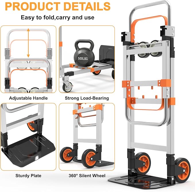 3 in 1 Aluminum Hand Truck Foldable, 500 lbs Convertible Dolly, Collapsible Dolly Cart with 4 Rubber Wheels,Portable Trolley with Retractable Handle for Moving/Office/Home/Warehouse(Orange Silver)