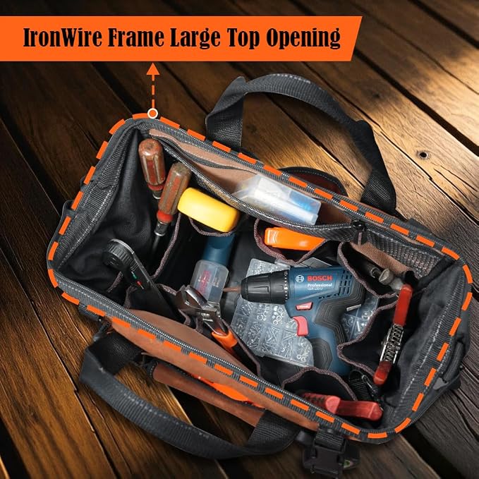 WELKINLAND 22-Pockets Hard Bottom Tool Bag, 14-Inch Waxed Canvas Tools Bag, 25L Heavy Duty Electrician Bags, HVAC Service Bags, Mechanic, Technician Tool Bag