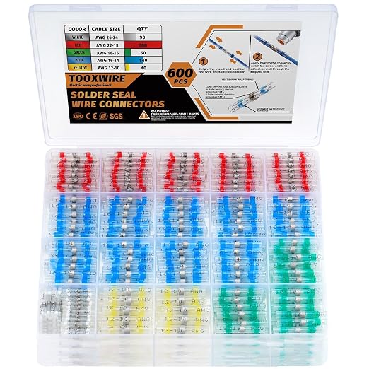 600PCS Solder Seal Wire Connectors, Heat Shrink Wire Connectors Kit, Waterproof Heat Shrink Butt Connectors for Marine Automotive Boat Truck RV Wiring, AWG 26-10, 5 Sizes