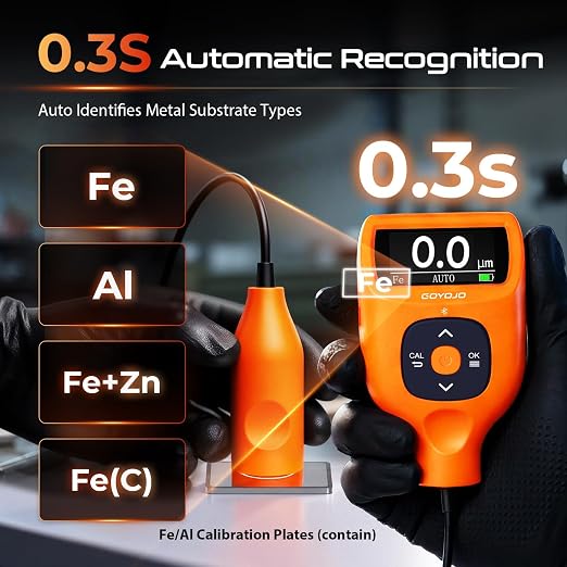 Professional Paint Thickness Gauge with APP & External Probe, 0-9900 μm (0-390 mils) Coating Thickness Meter, Auto Fe/Al/Zn/Fe(C) Detection, 0.1μm Resolution, ±(2%+1μm) Accuracy for Paint Inspection