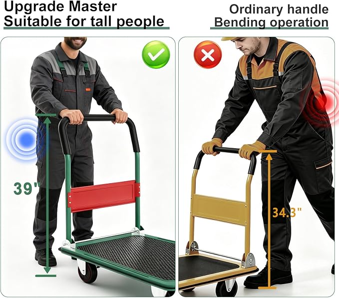 LEADALLWAY Foldable Push Cart 880lbs Capacity, Extra Tall 38.98" Height for Tall People, Heavy Duty Platform Truck 35.8" L x 24" W Green, Includes 2 Elastic Bungee Ropes