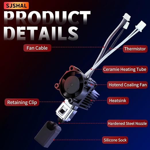 Bamboo X1, X1C Hotend Kit, Complete Assembly Kit for X1 Series 3D Printer, Hardened Steel Hot End with Fan,0.4mm Nozzle,Ceramic Heater,Thermistor,Heat Block, Fan and Extruder Heating Block Replacement
